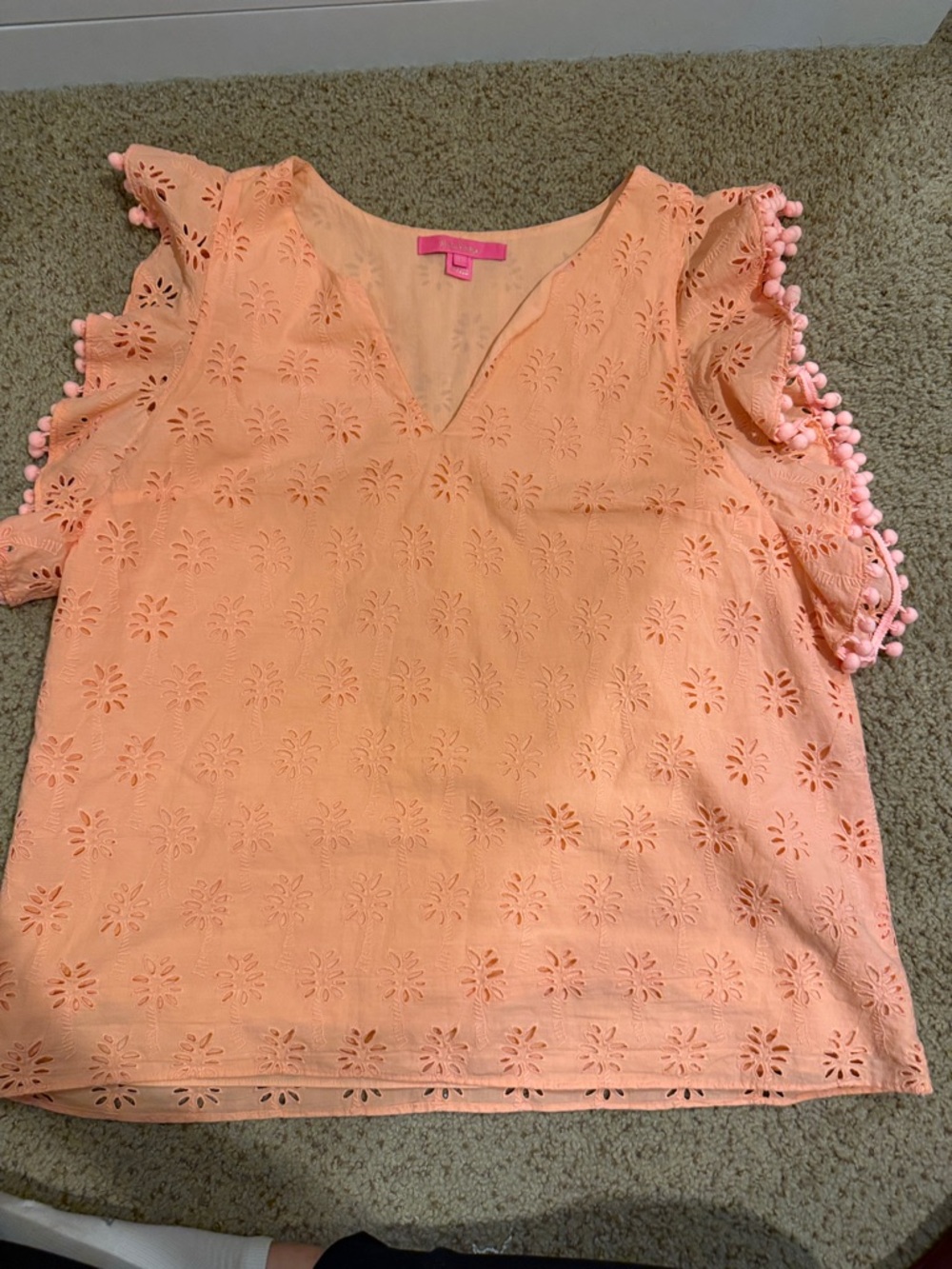 Women’s Lilly Pulitzer Coral Peach Eyelet Pom-Pom Sleeve Top, Large
